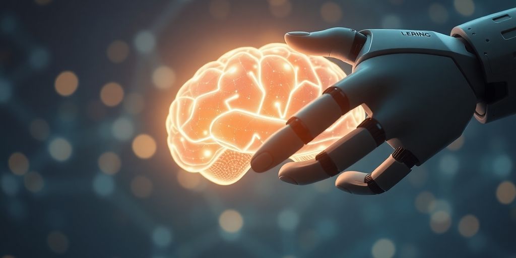 A robotic hand touching a holographic brain.
