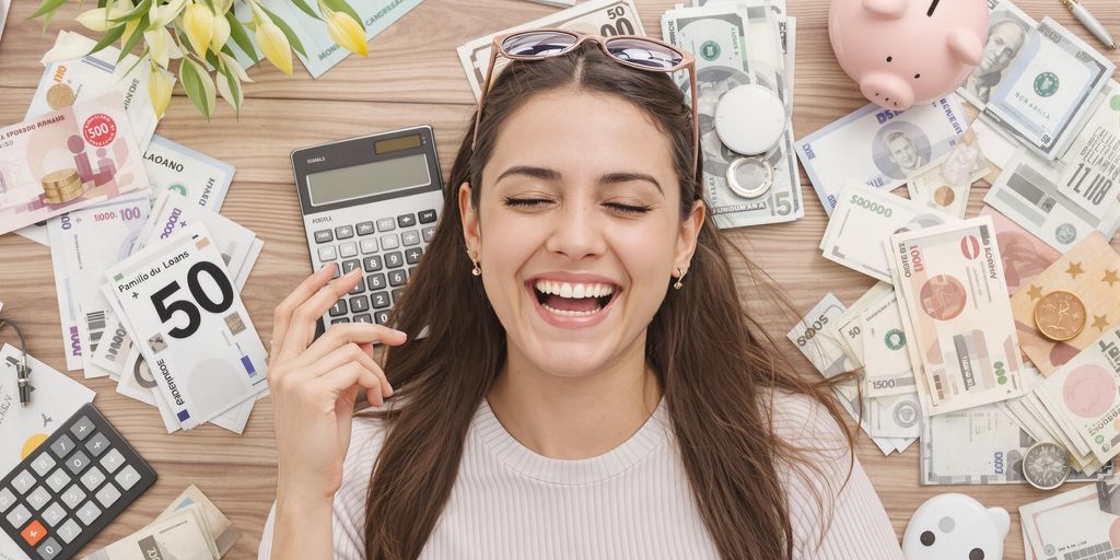 Pessoa feliz gerenciando finanças com calculadora e cofre.