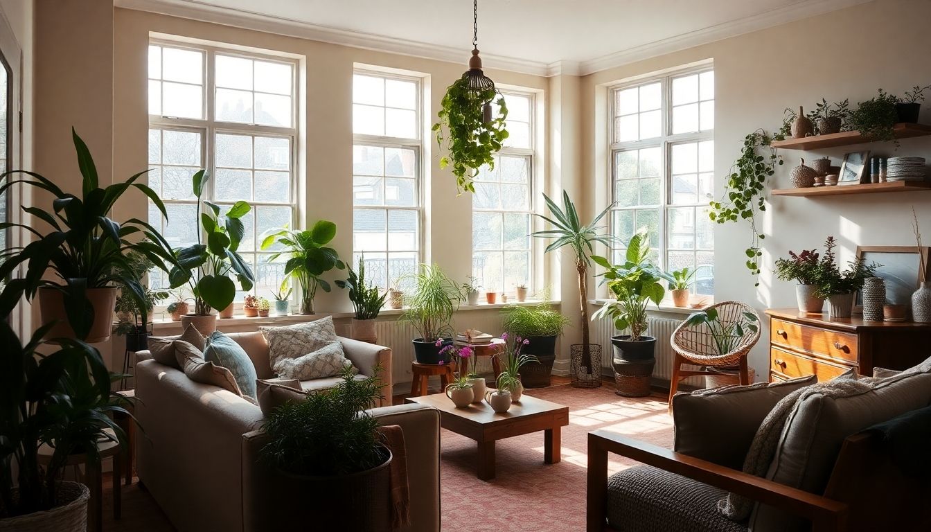 Cozy living room with plants and natural decor.