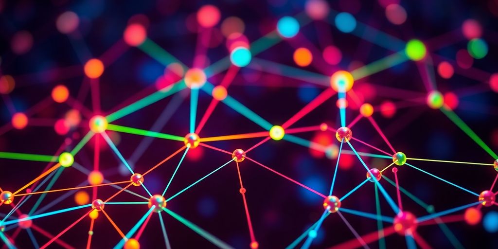 Interconnected blockchain nodes with vibrant colors and details.