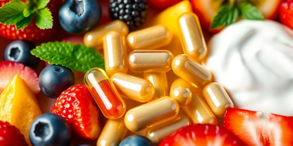 Probiotic capsules with fruits and yogurt on a table.