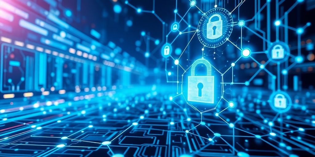 Futuristic digital landscape of AI and cybersecurity elements.