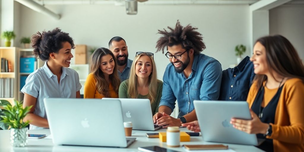 Diverse Amazon sellers collaborating in a bright workspace.