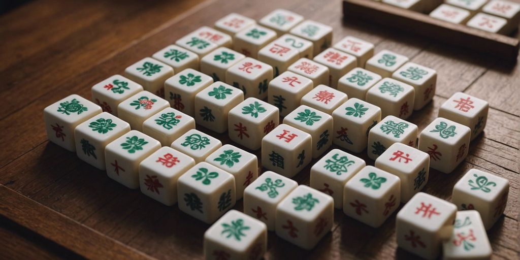 Close-up of Mahjong character tiles on a wooden surface.