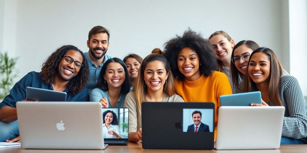 Diverse people engaging in video conferencing on devices.