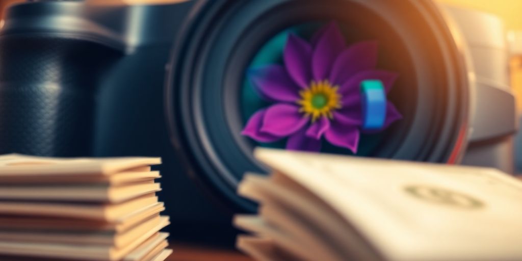Camera lens capturing a flower, money in foreground.