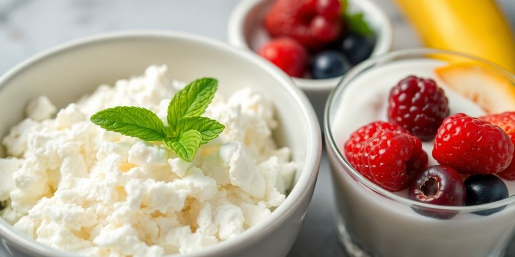 Bowl mit körnigem Frischkäse und Joghurt mit Früchten.