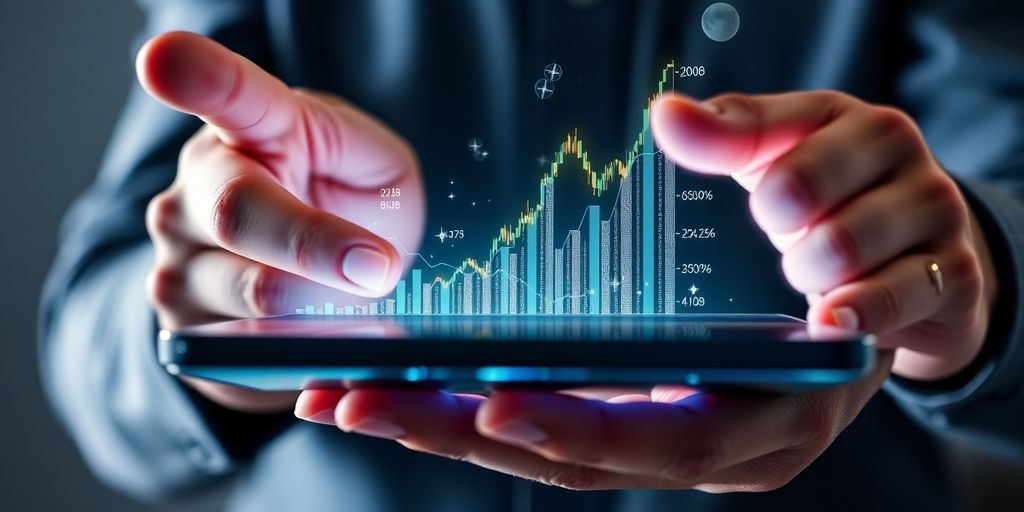 Hands interacting with holographic financial data.