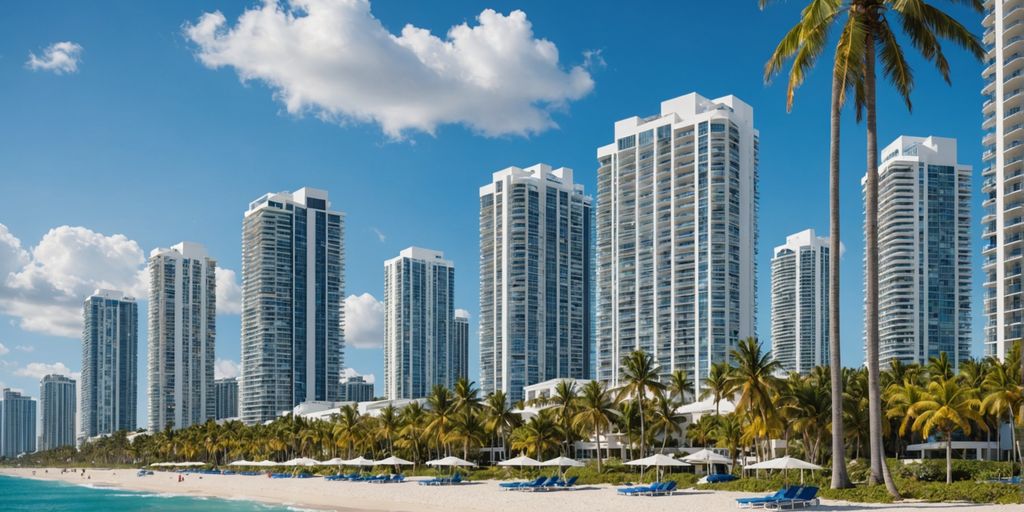 Sunny Isles luxury beachfront apartments with palm trees.