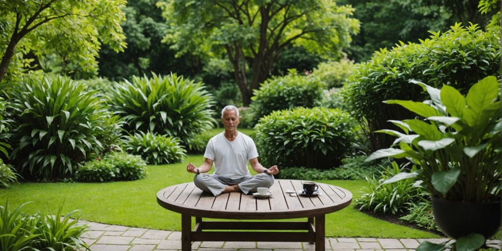 Person meditating in garden with coffee