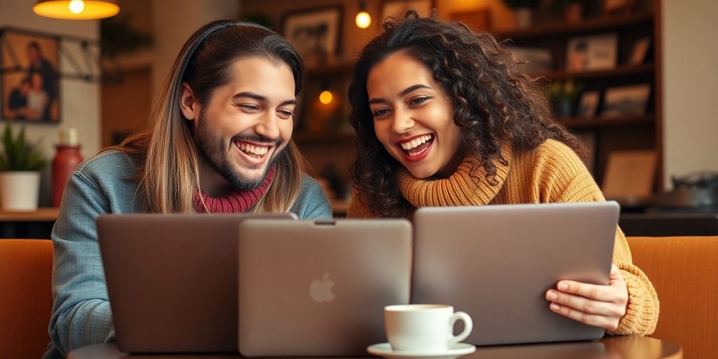 Two friends laughing together with laptops in a café.