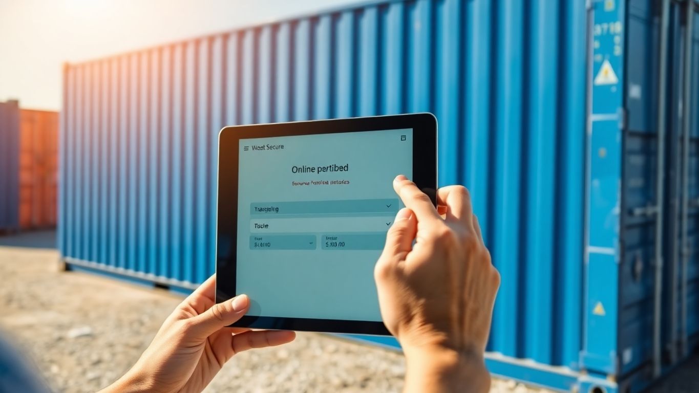 Person inspecting shipping container with tablet.