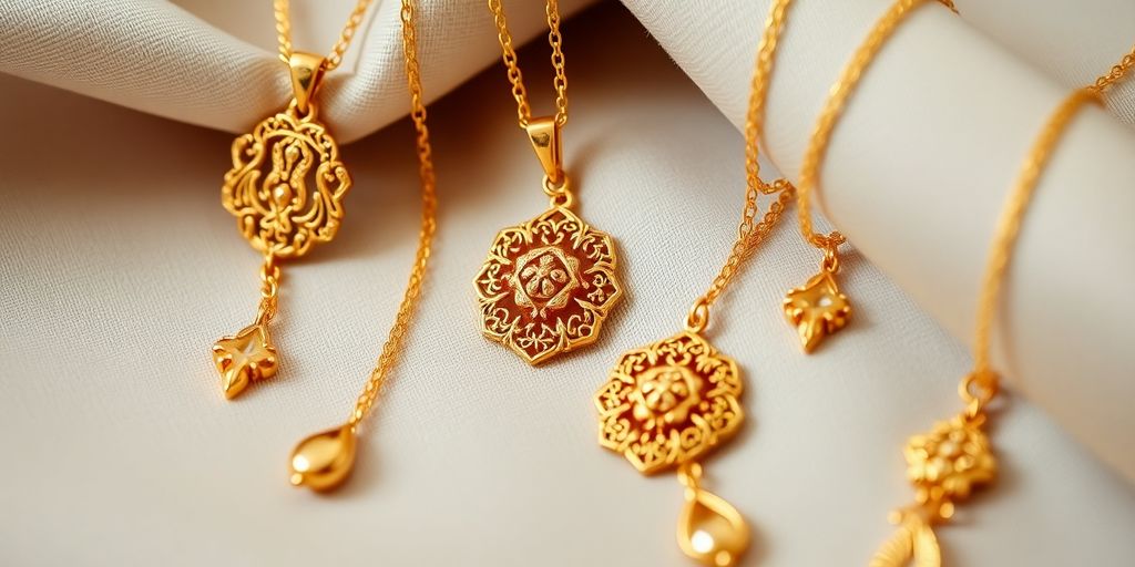 Bijoux en or exposés sur un tissu doux.