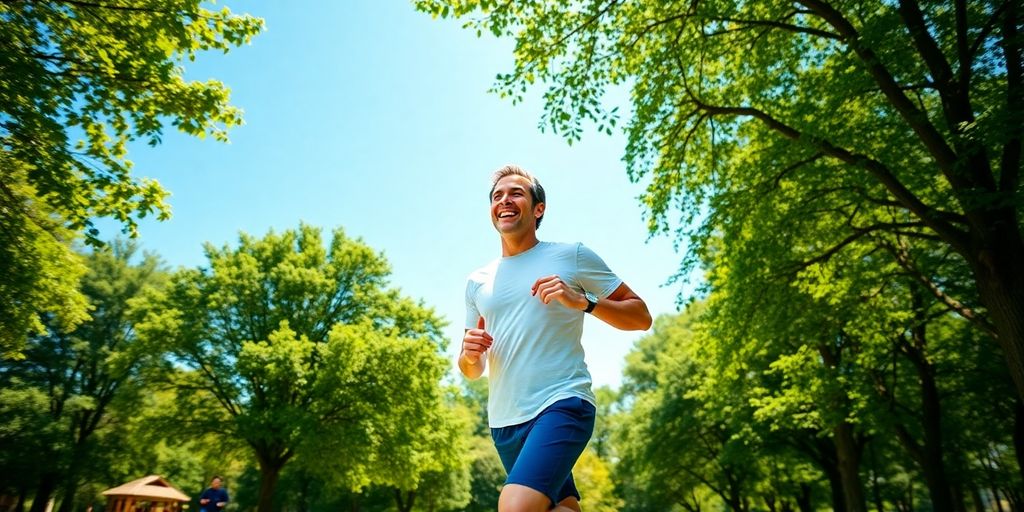 Person jogging in a sunny park for stress relief.