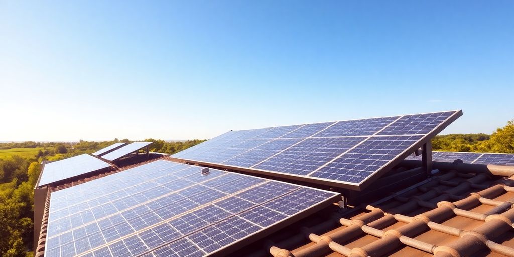 Photographic image of modern solar panels on rooftops.