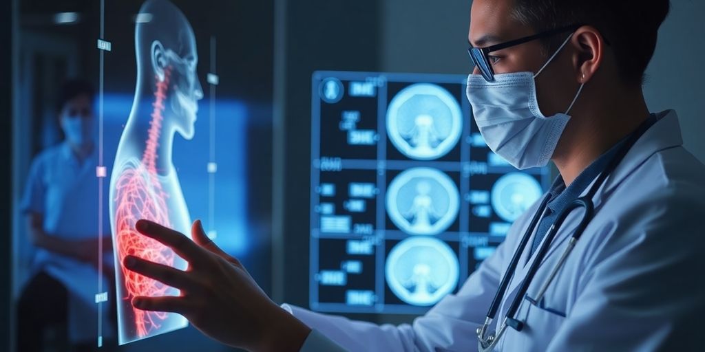 Doctor using advanced AI for medical diagnosis.