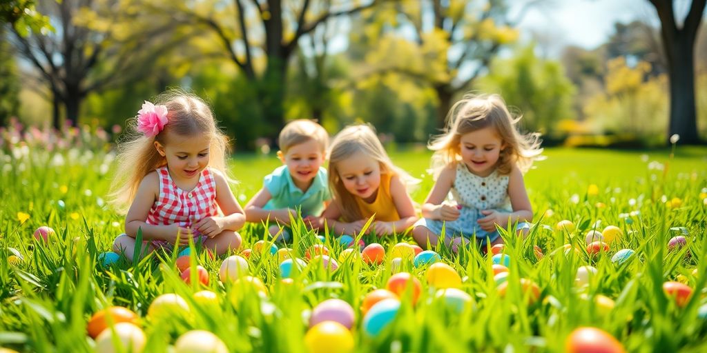 Enfants chassant des œufs de Pâques dans un jardin.