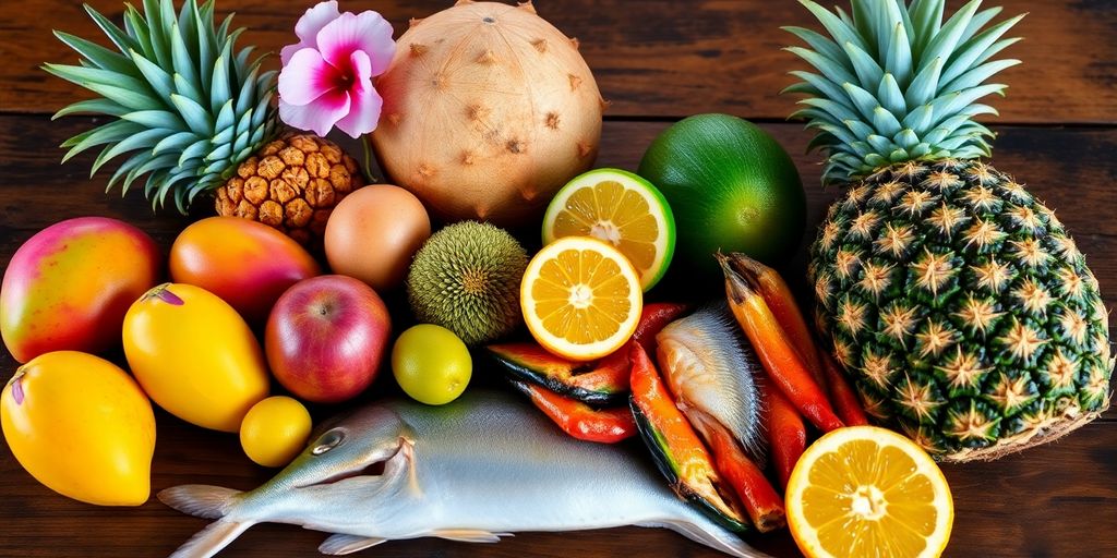 Tropical island fruits and seafood arranged artfully.