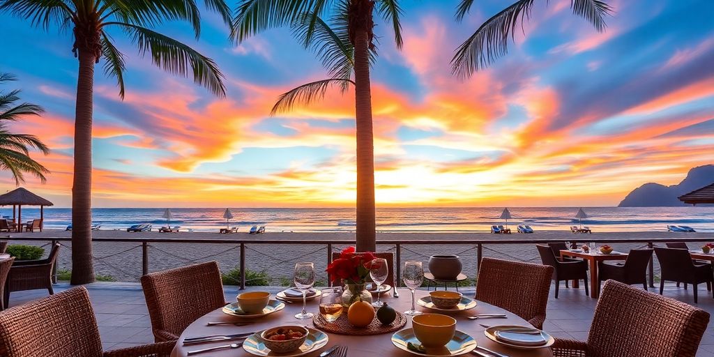 Comedor frente a la playa con platos coloridos y palmeras.