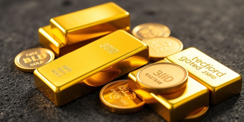 Barres et pièces d'or sur une surface texturée.