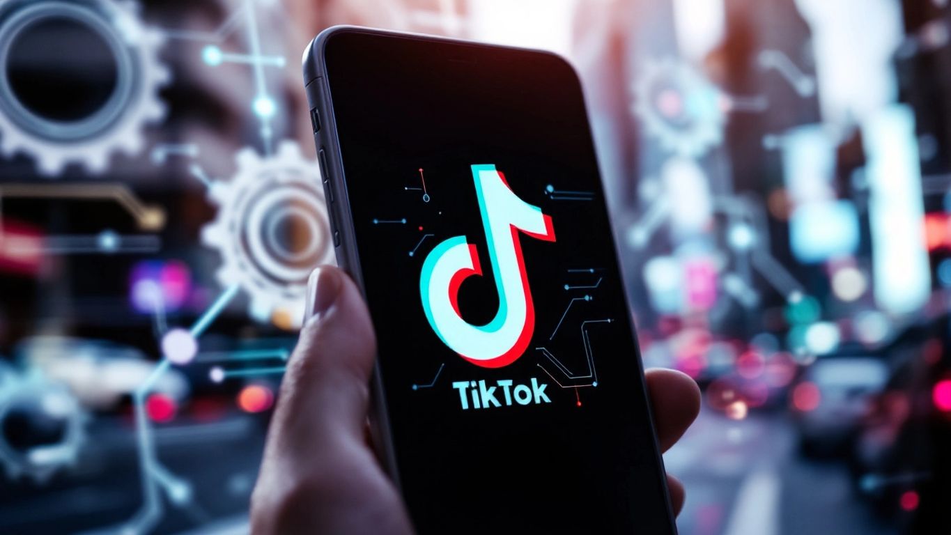 Smartphone with TikTok logo and technology elements.