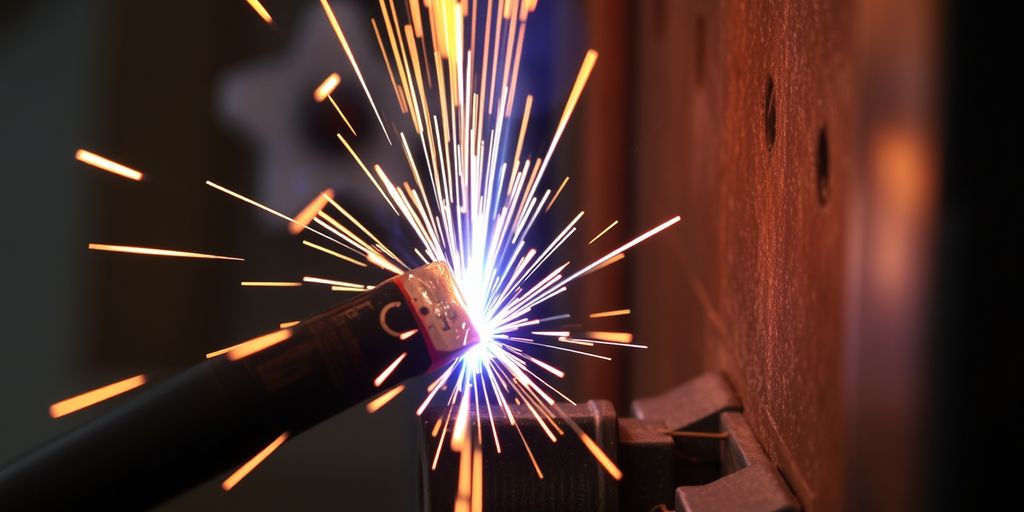 Welding machine with sparks and metal fusion in action.