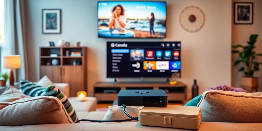 Modern living room with a TV box and cozy decor-TV Box and IPTV Canada