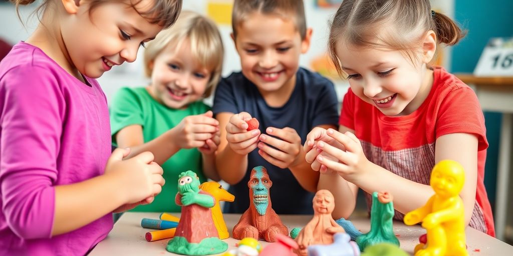 Children happily sculpting colorful clay creations.
