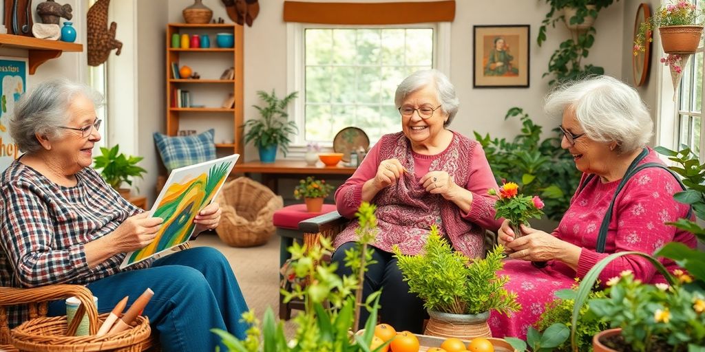 Older women enjoying hobbies like painting and gardening.