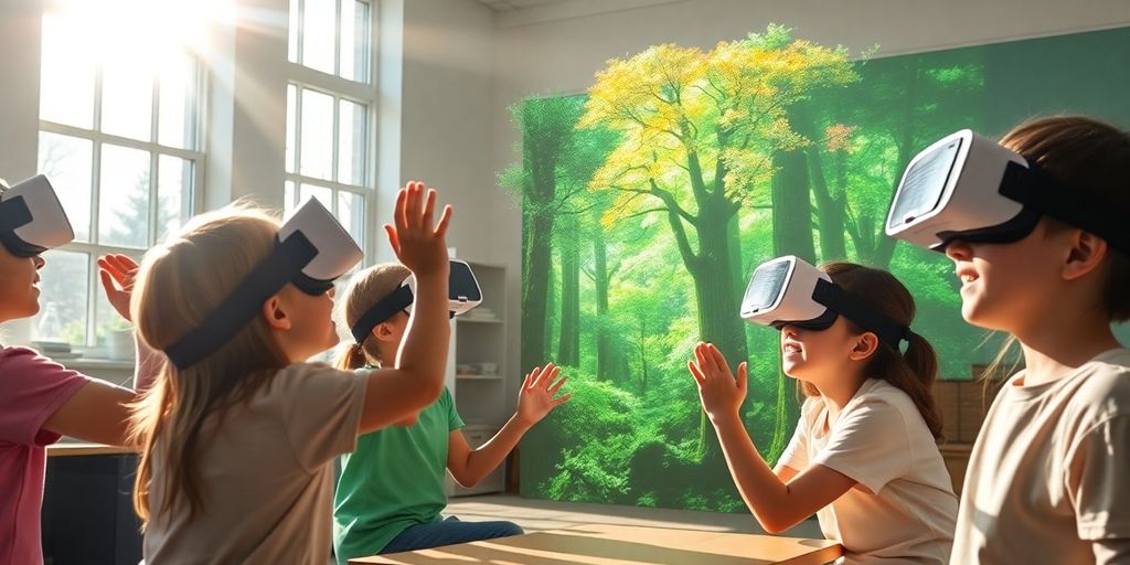 Élèves explorant un monde virtuel coloré.