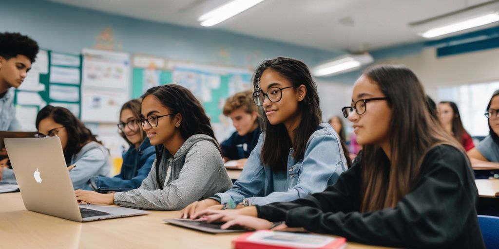 college students using Canva on laptops in a classroom