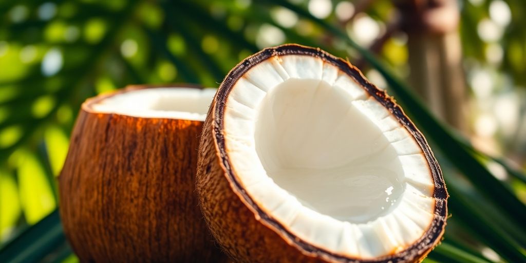 Fresh coconut with clear liquid and tropical leaves.