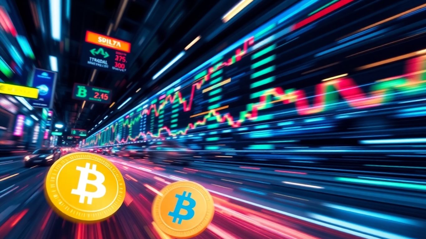Fast-paced crypto trading with vibrant digital currency elements.