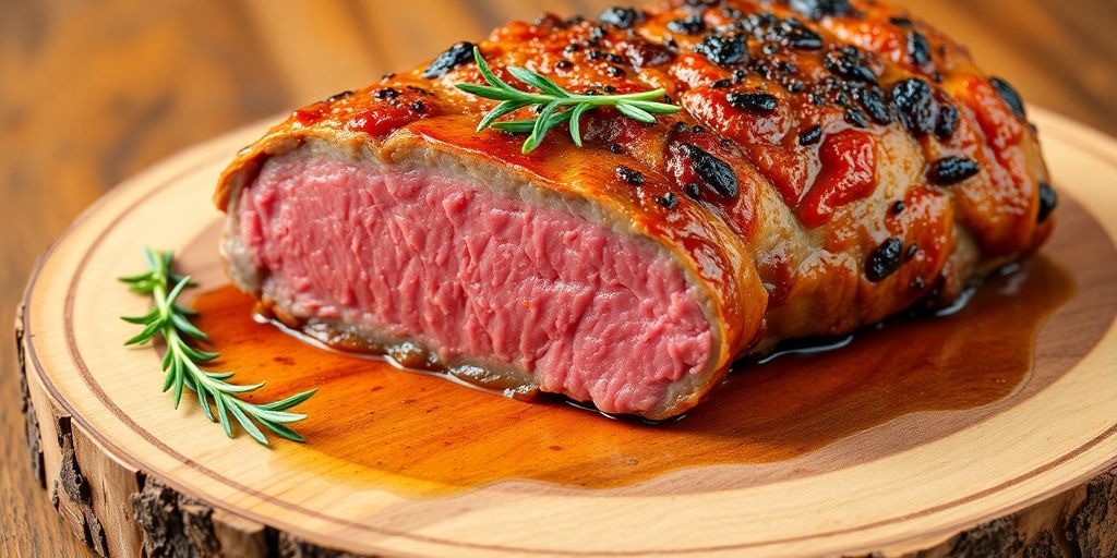 Perfectly roasted beef tenderloin on a platter.