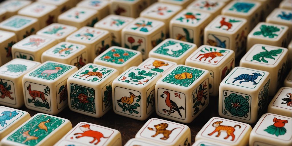 Mahjong tiles with animal designs in vibrant colors.