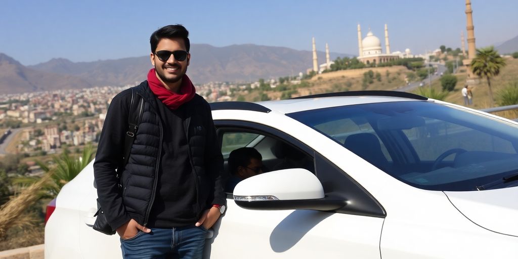 Tourist with rented car in Islamabad, vibrant city backdrop.