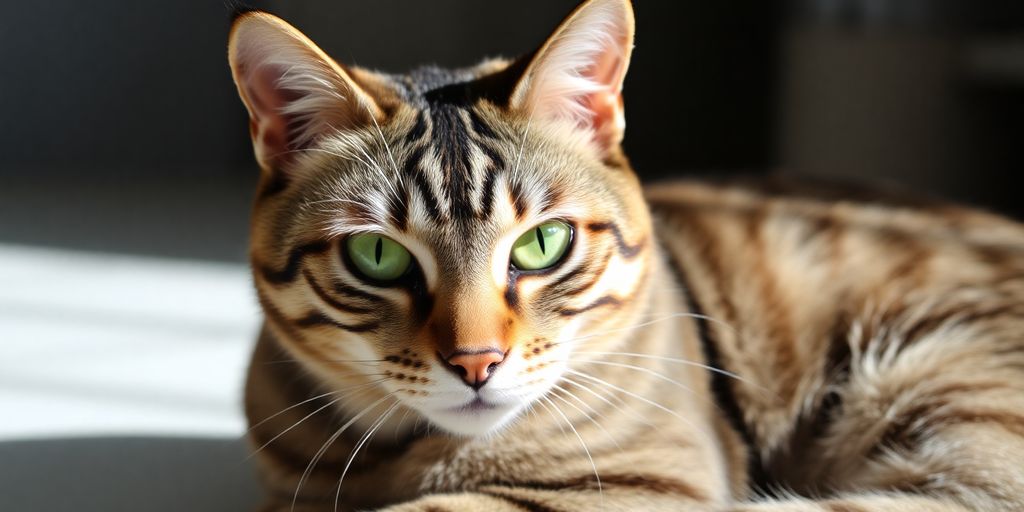 Elegant oriental tabby cat with green eyes and patterned fur.