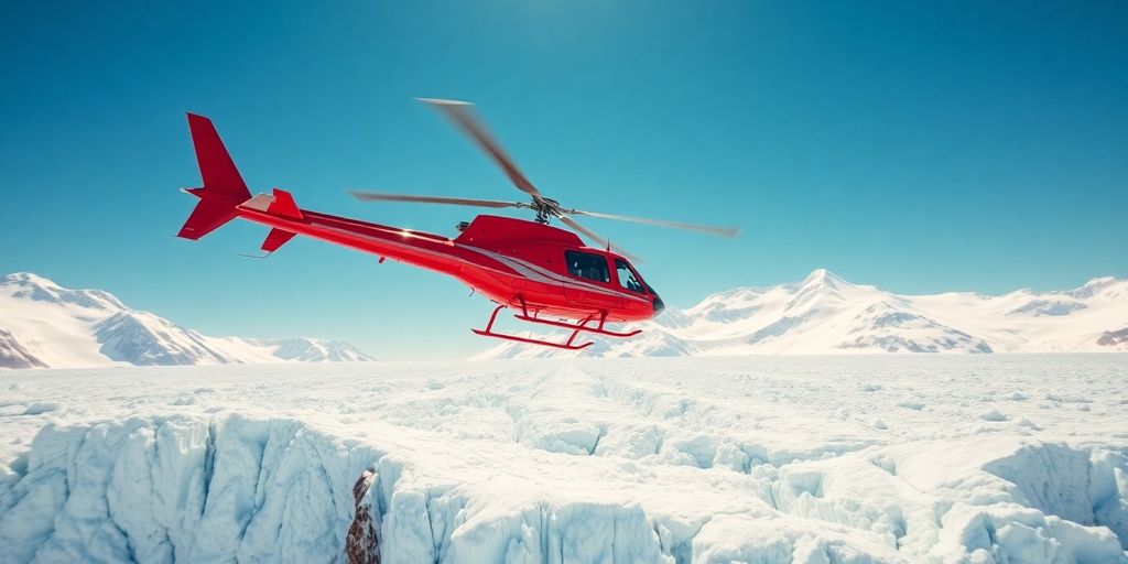 A red helicopter flying over a vast Alaskan glacier.