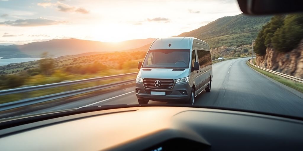 Van driving on a road with telematics device.