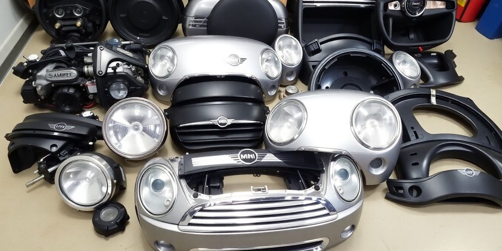 Collection of shiny Mini Cooper engine parts and accessories.