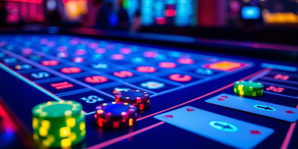 Casino table with chips and cards in digital atmosphere.