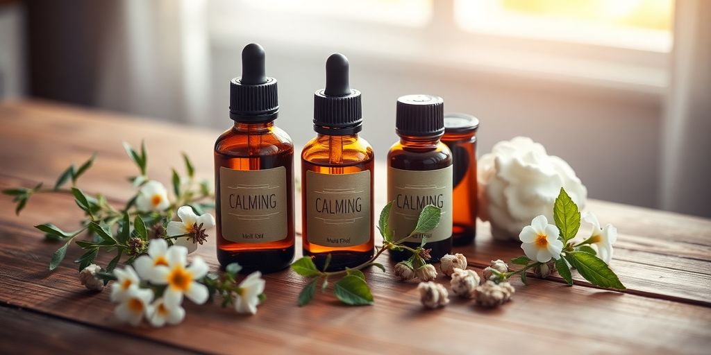 Bottles of essential oils with herbs on a wooden table.
