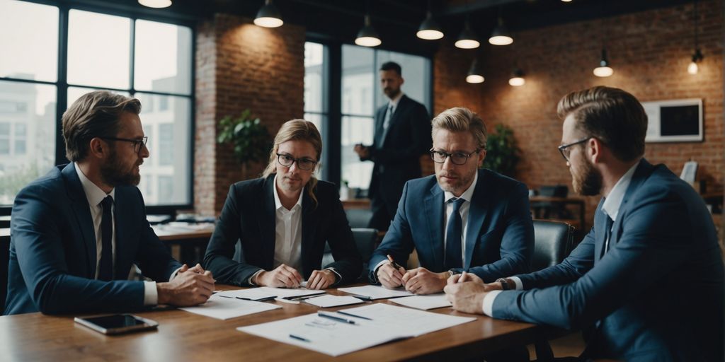 Team discussing rebranding strategies in a modern office