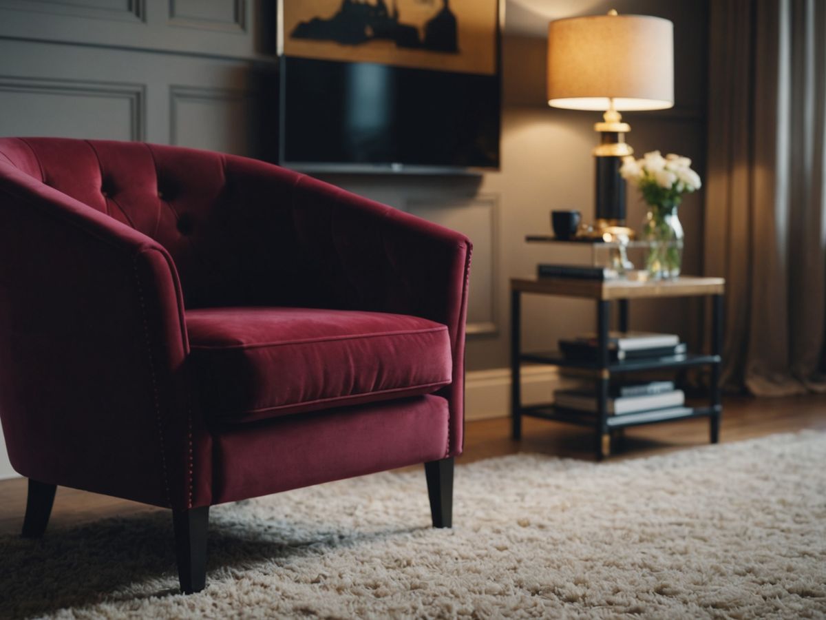 Velvet armchair in a modern living room with decor.