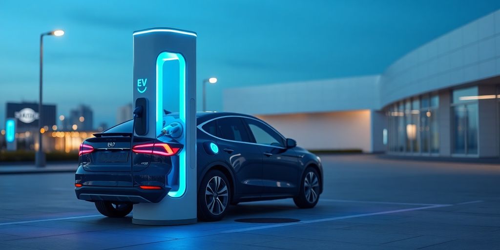 Sleek EV charging station in futuristic urban setting.