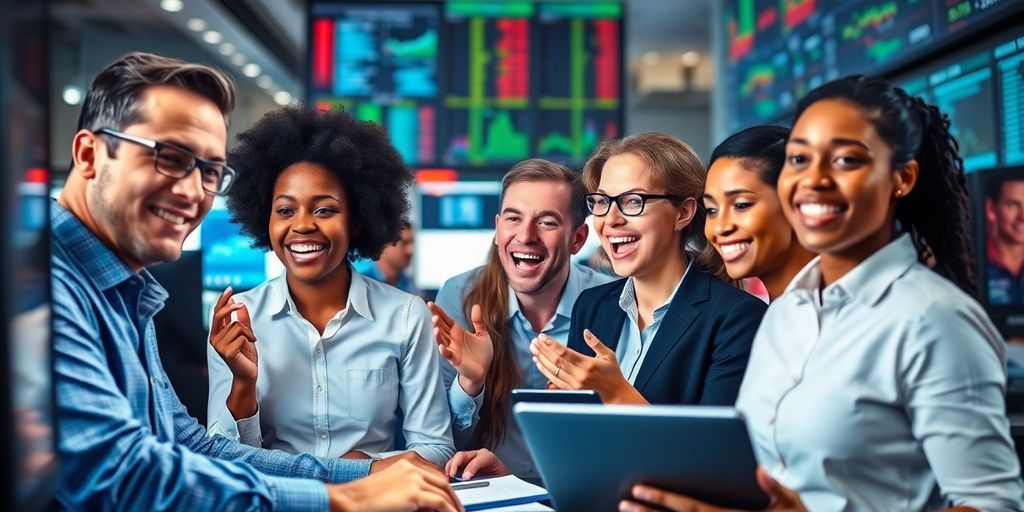 Diverse people focused on trading and investment activities.