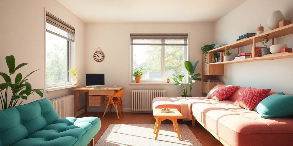Bright small room with natural light and space-saving furniture.