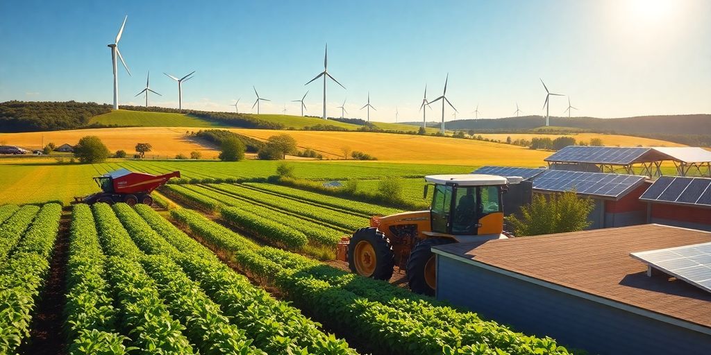 Modern farm with solar panels and wind turbines.