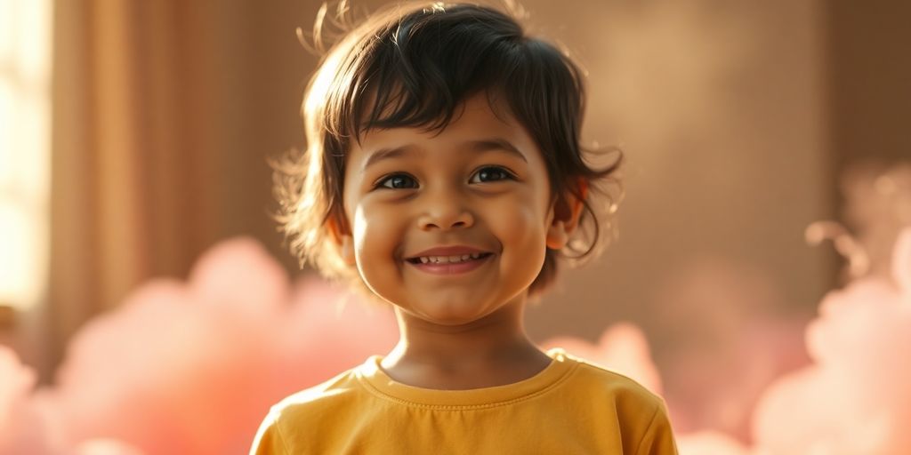 Shy child blossoming with confidence, surrounded by vibrant colors.