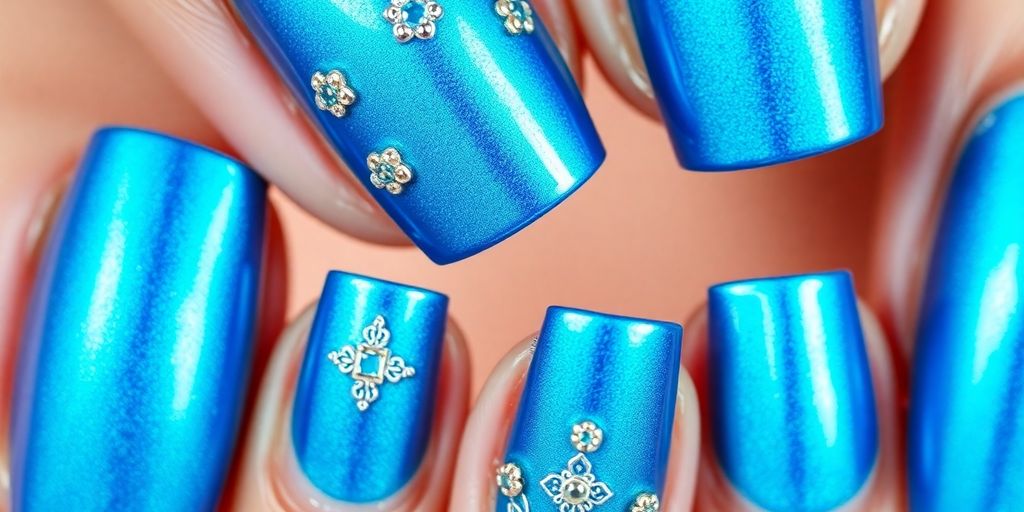 Unhas azuis metalizadas com decoração brilhante e única.
